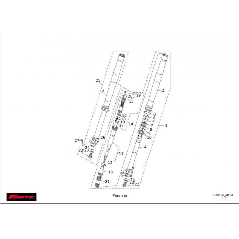 vu éclatée de fourche de Fantic 125 XX 2023