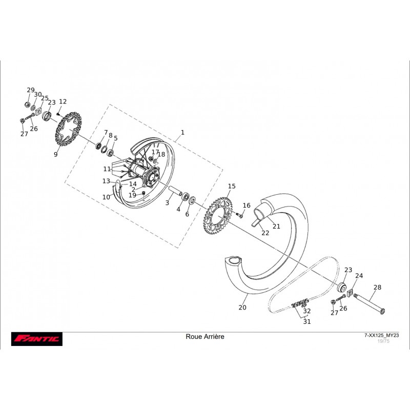 vue éclaté roue arrière Fantic 125 XX 2023