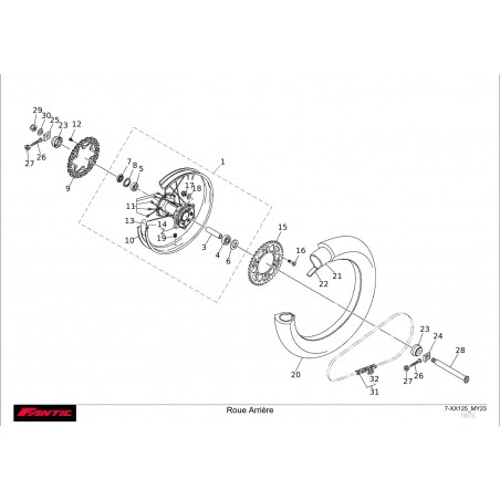 vue éclaté roue arrière Fantic 125 XX 2023