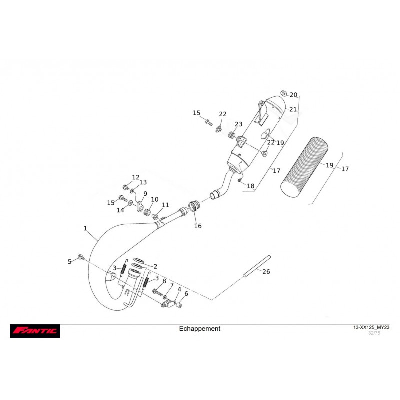 vue éclatée ligne d'échappement fantic 125 xx 2023