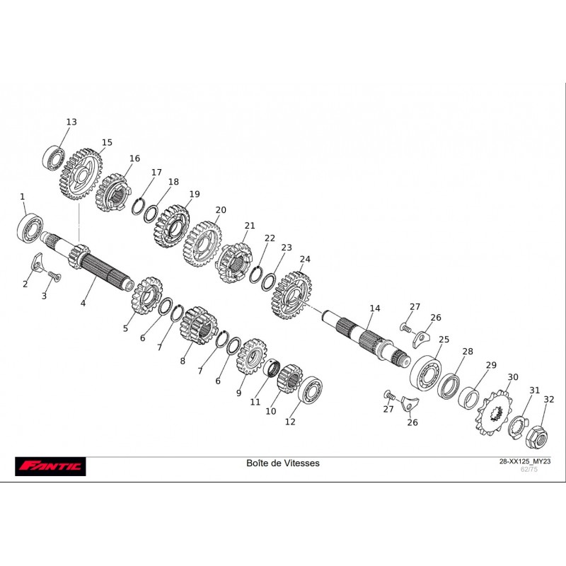 vu éclatée engrenage boite de vitesse 125 xx 2022-2023