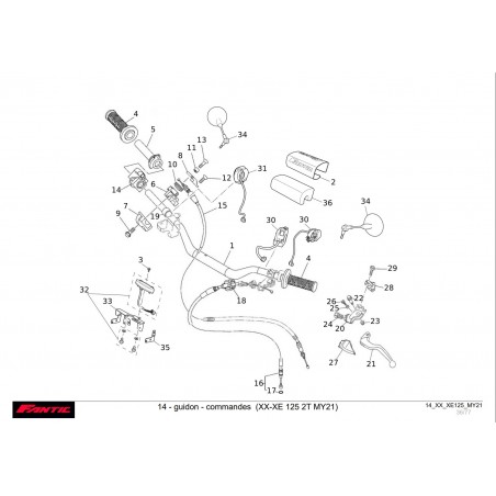 vu éclatée guidon et commande 125 xx xe 2021