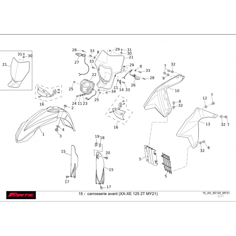 vu éclatée carrosserie avant fantic 125 xx-xe 2021